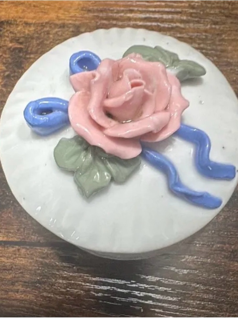 Pink Rose Ceramic Trinket Box with Blue Ribbon Accent